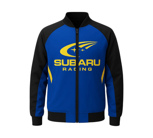 Blue and black jacket with Subaru Racing logo on a white background