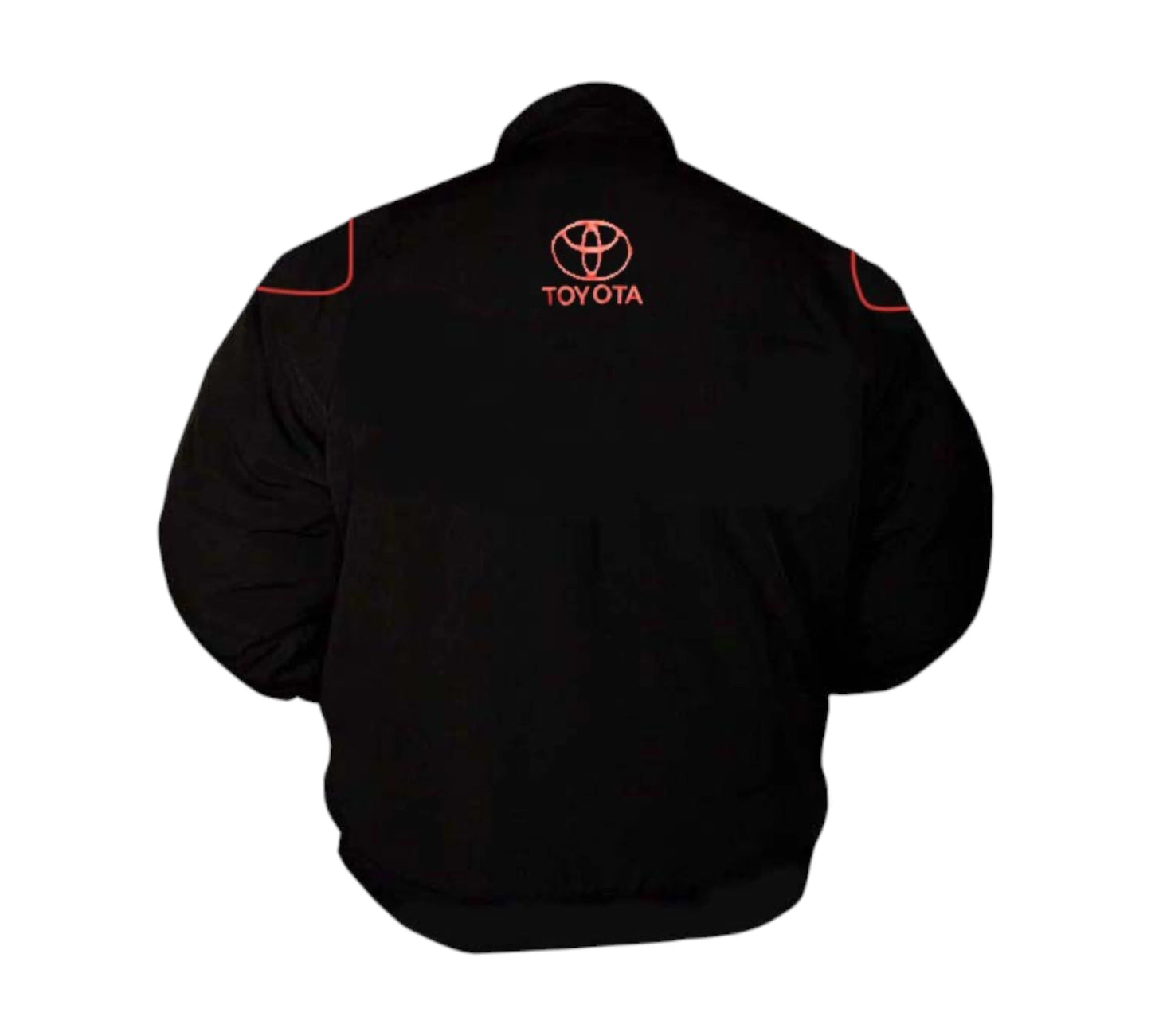 Black jacket with Toyota logo on the back against a white background