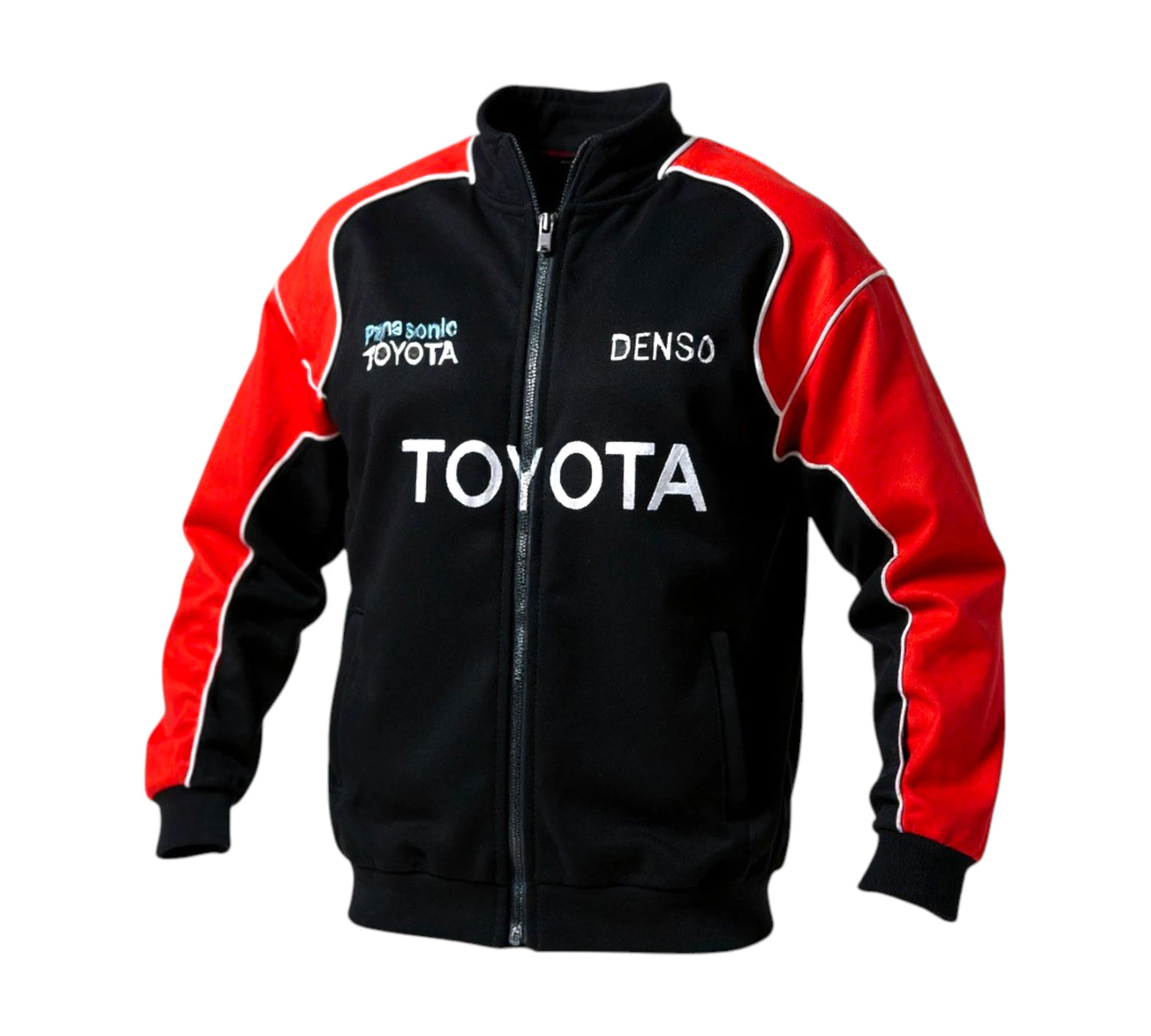 Red and white jacket with Toyota and Panasonic logos on a white background