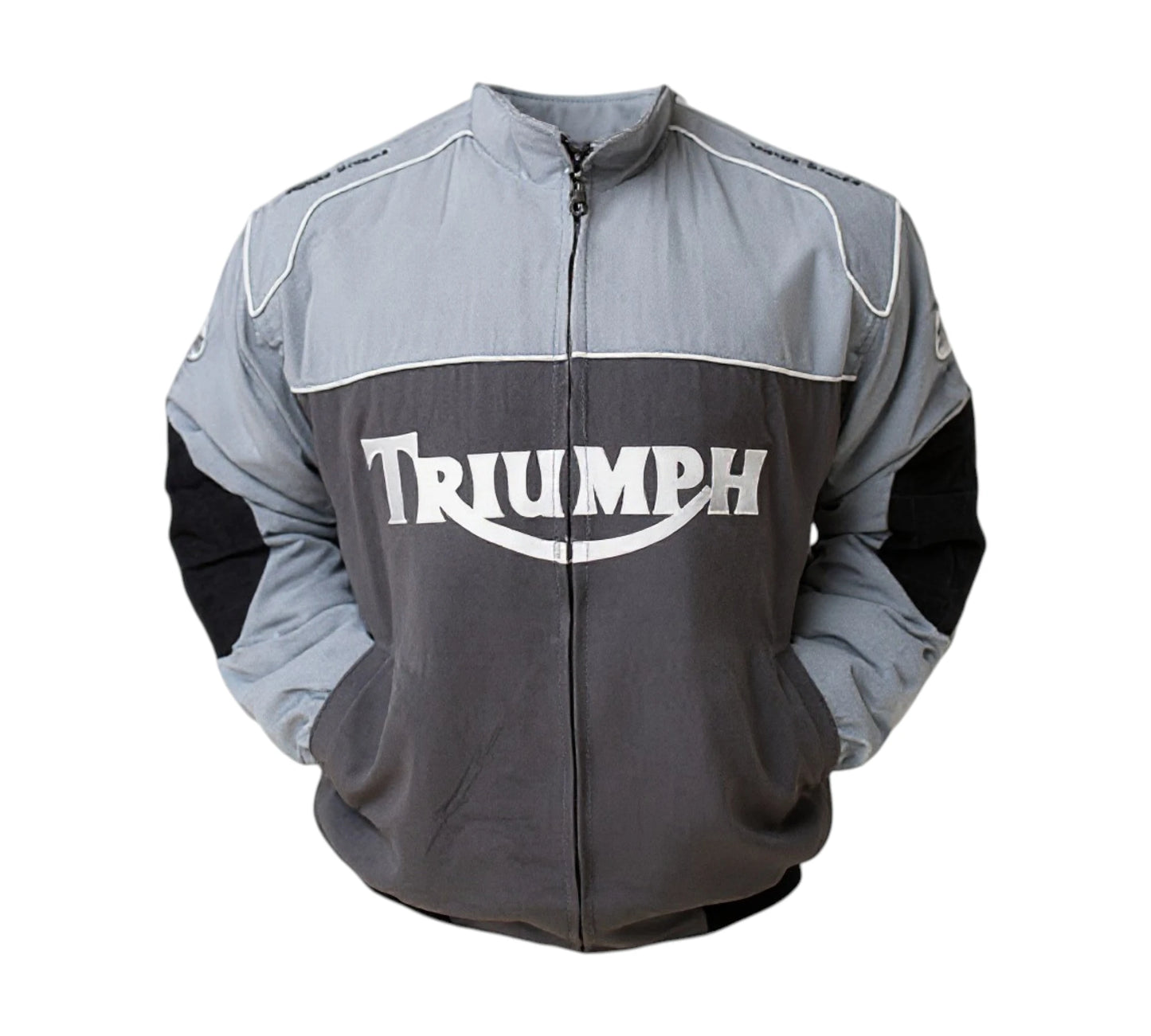 Gray and black jacket with Triumph logo on a white background