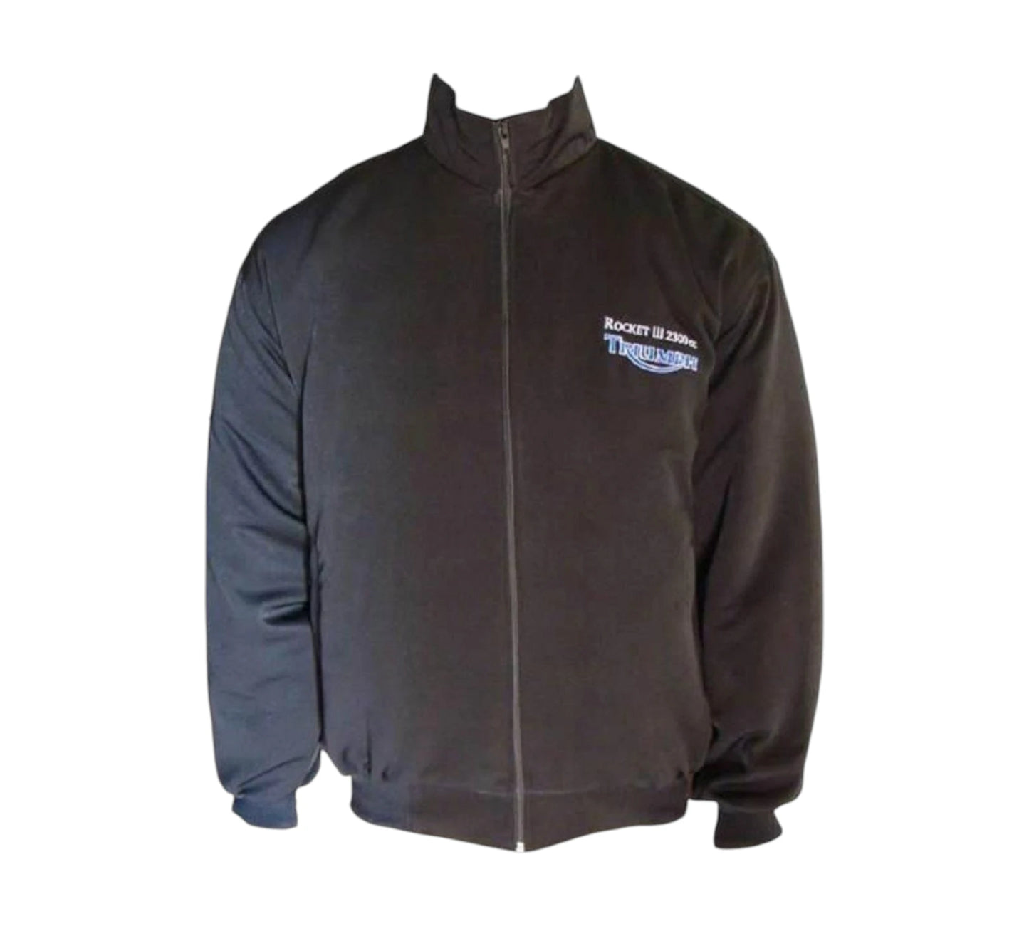 Black jacket with a logo on the chest against a white background