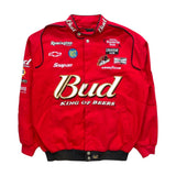 Red jacket with various brand logos on a white background