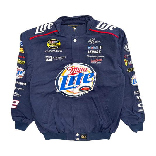 Navy blue jacket with multiple brand logos on a white background
