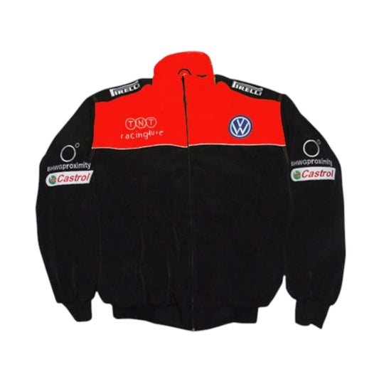 Black and red jacket with various logos on a white background