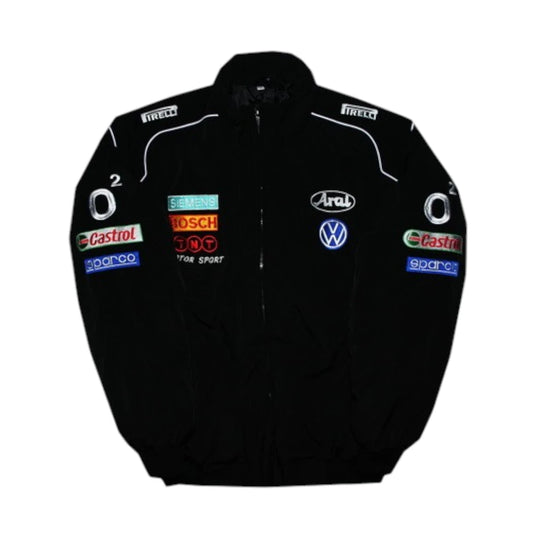 Navy blue jacket with logos on a white background