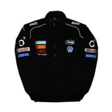 Navy blue jacket with logos on a white background