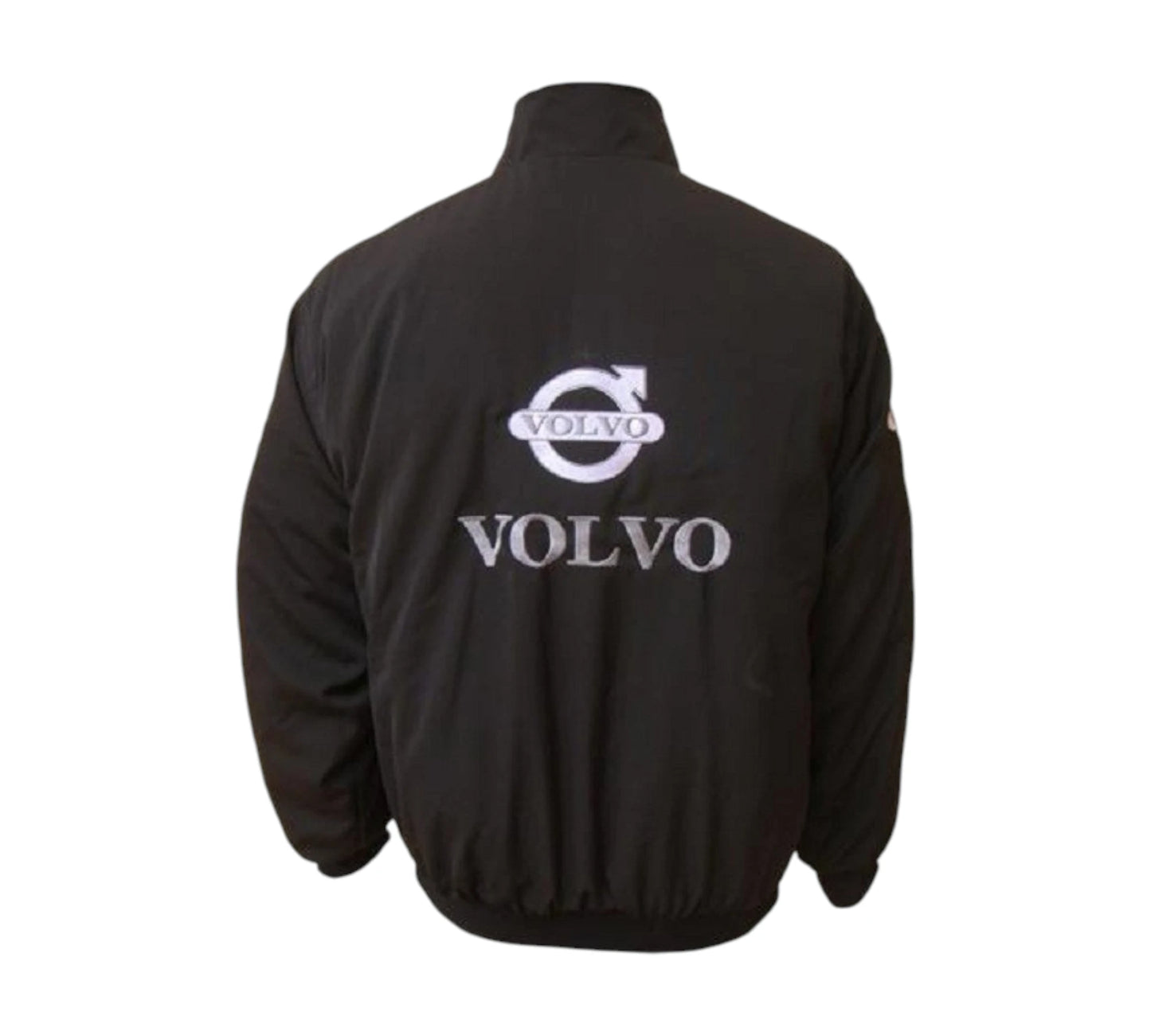 Black jacket with Volvo logo on the back against a white background