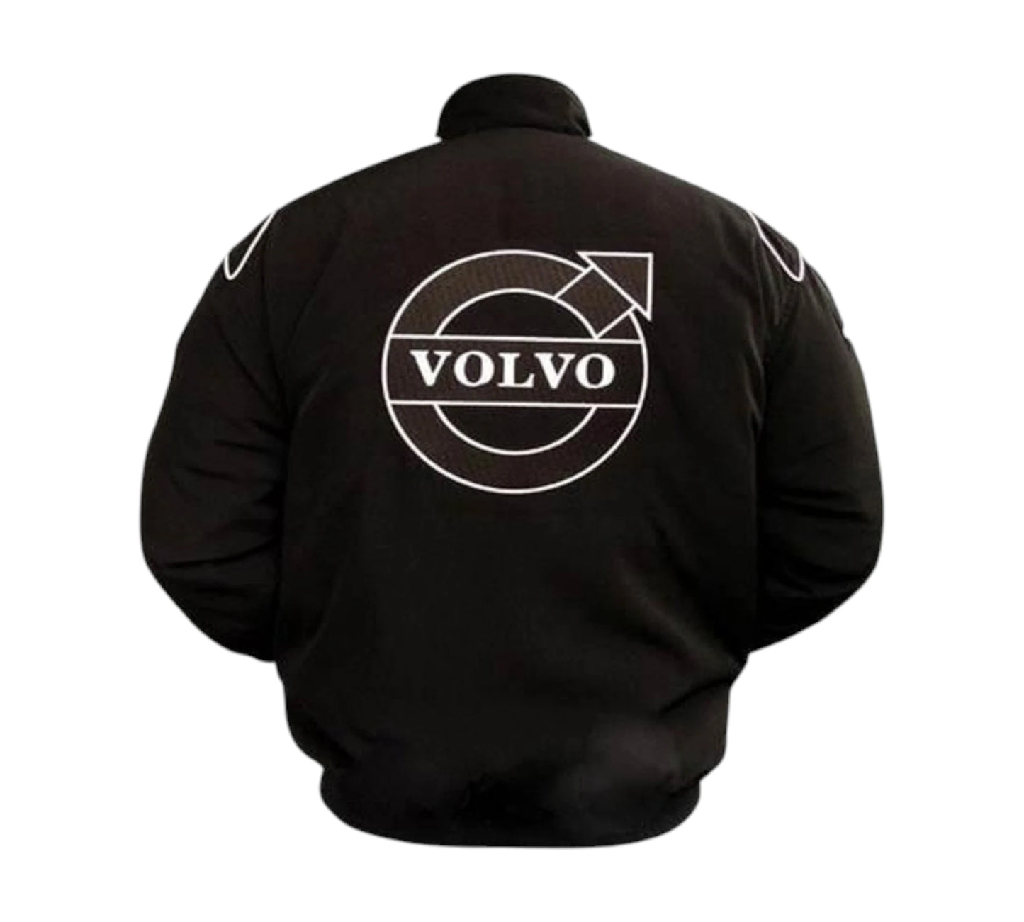 Black jacket with Volvo logo on the back against a white background