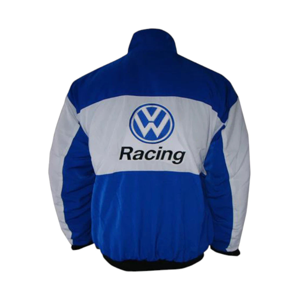 Blue and gray jacket with Volkswagen Racing logo on a white background