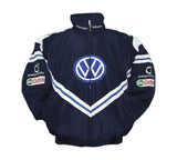 Navy blue racing jacket with Volkswagen logo on a white background