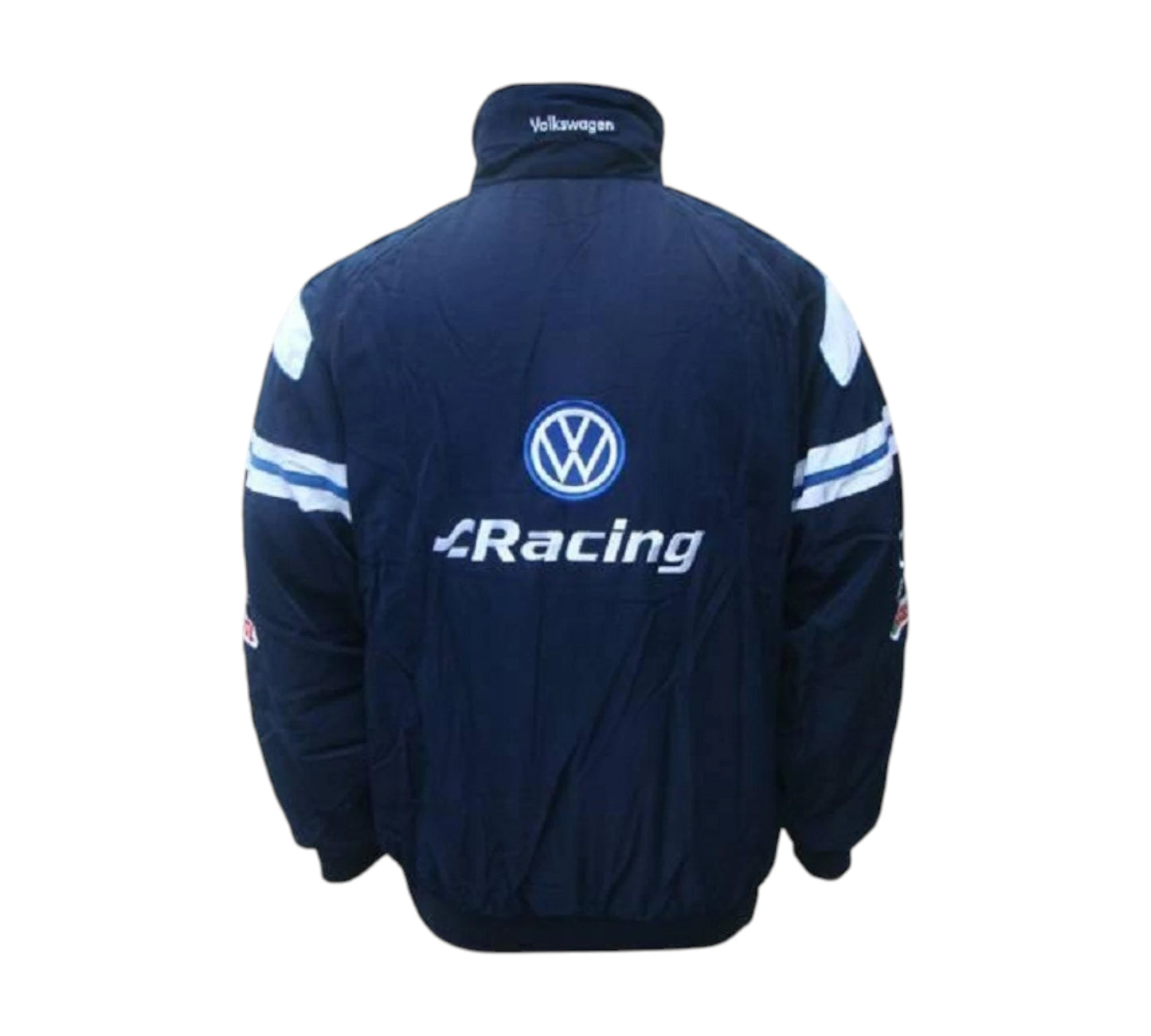 Black jacket with Volkswagen logo on the back against a white background