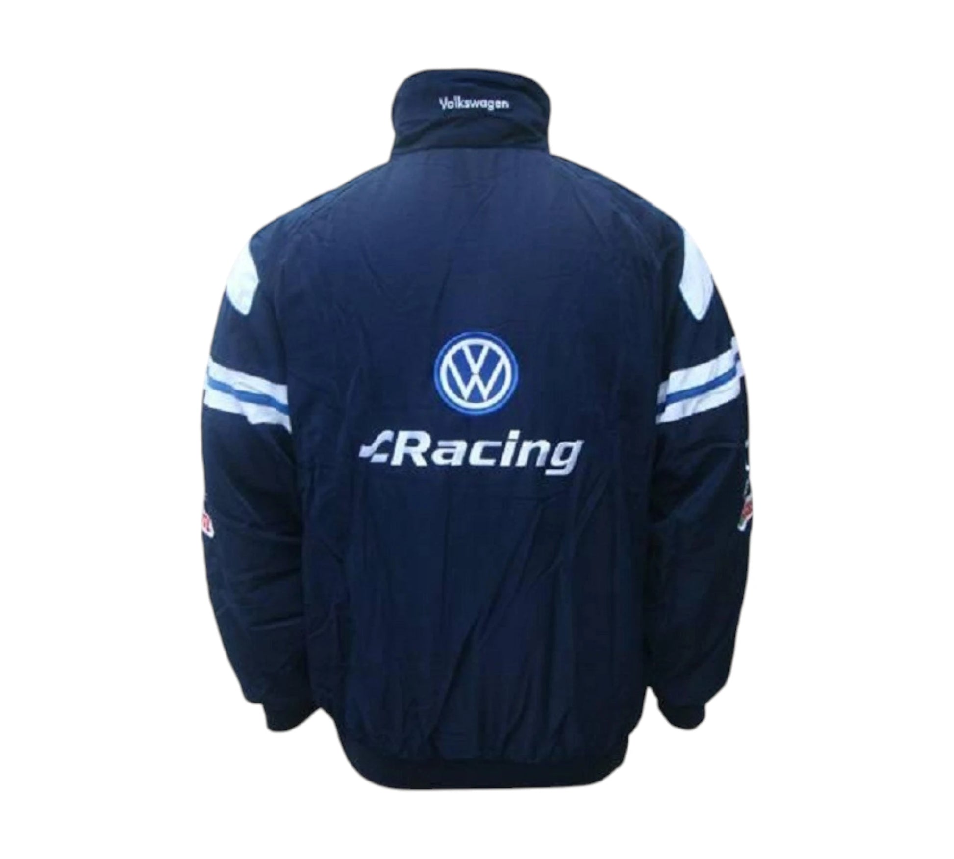 Black jacket with Volkswagen logo on the back against a white background