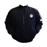 Black and blue racing jacket with various logos on a white background