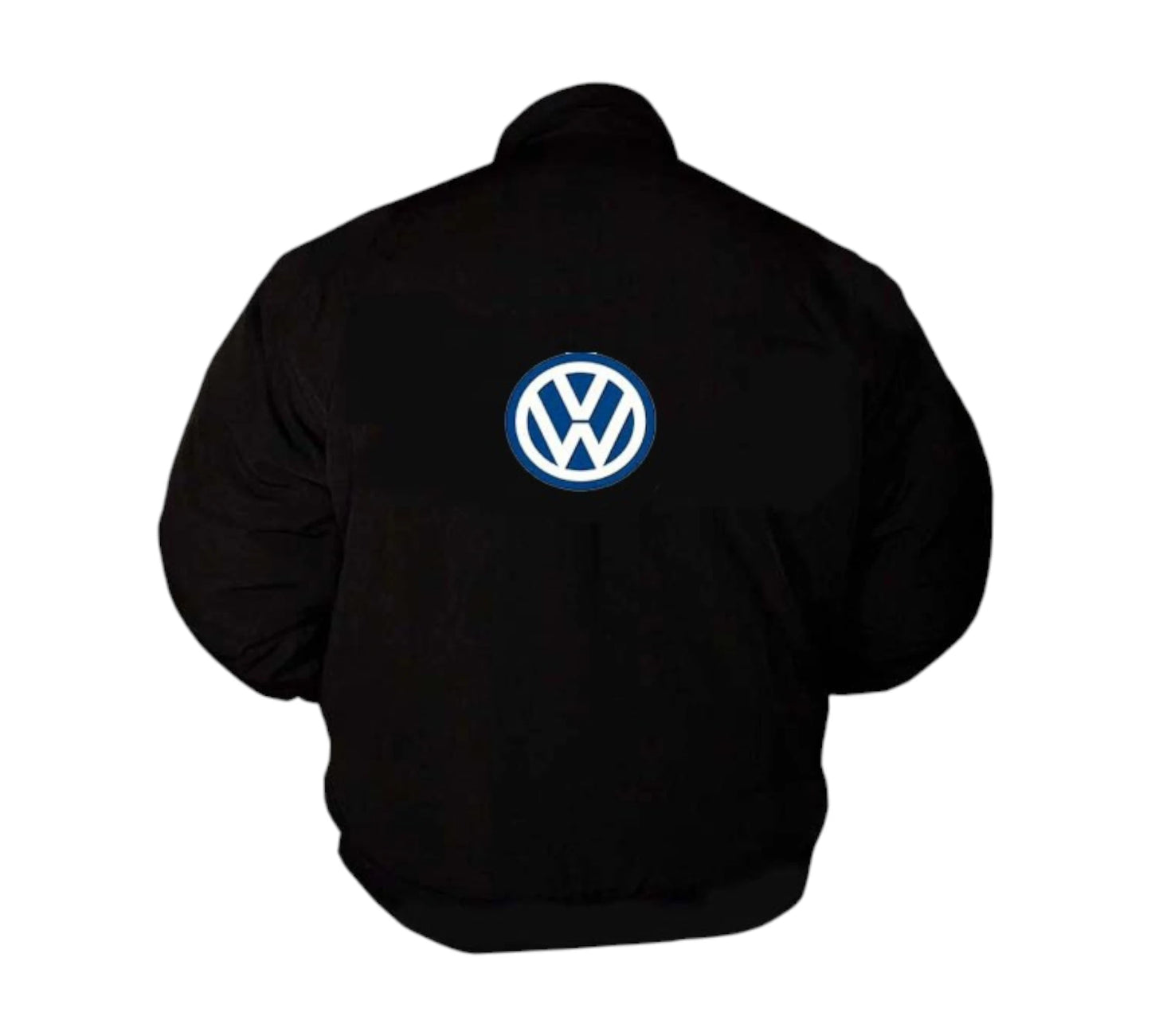 Black jacket with Volkswagen logo on the back against a white background