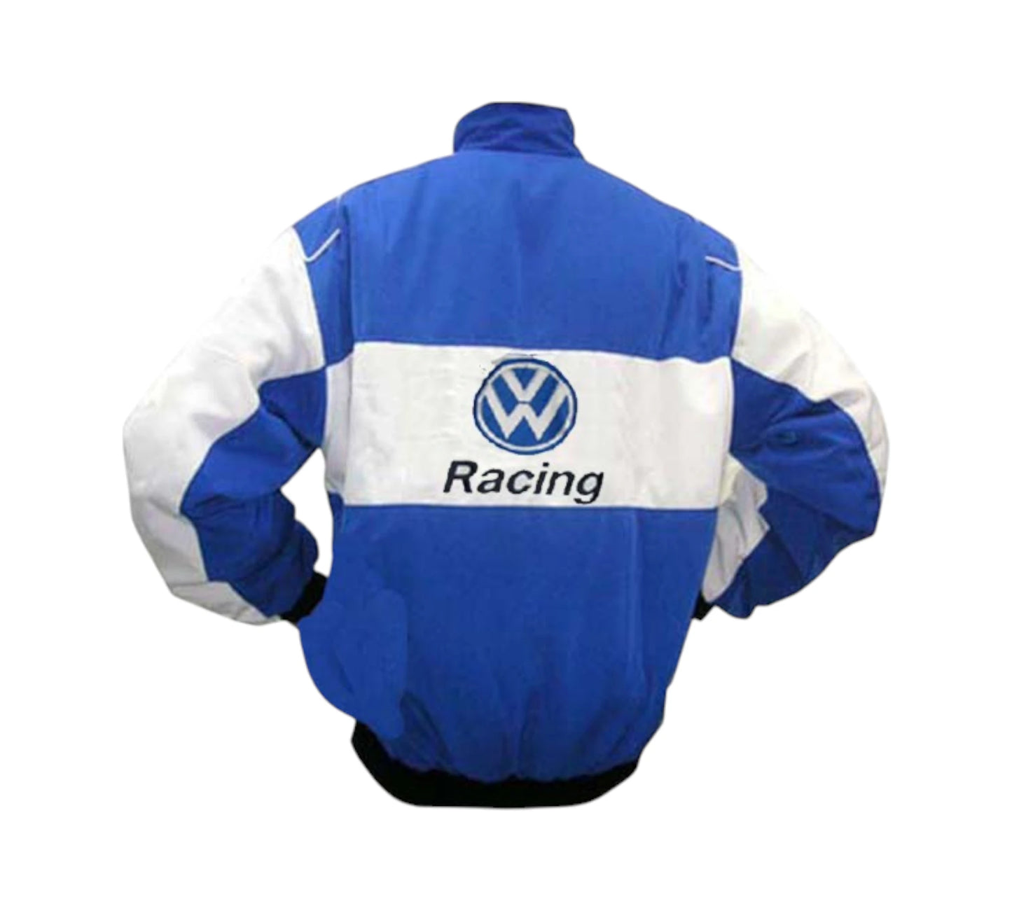 Blue and white racing jacket with Volkswagen logo on a white background