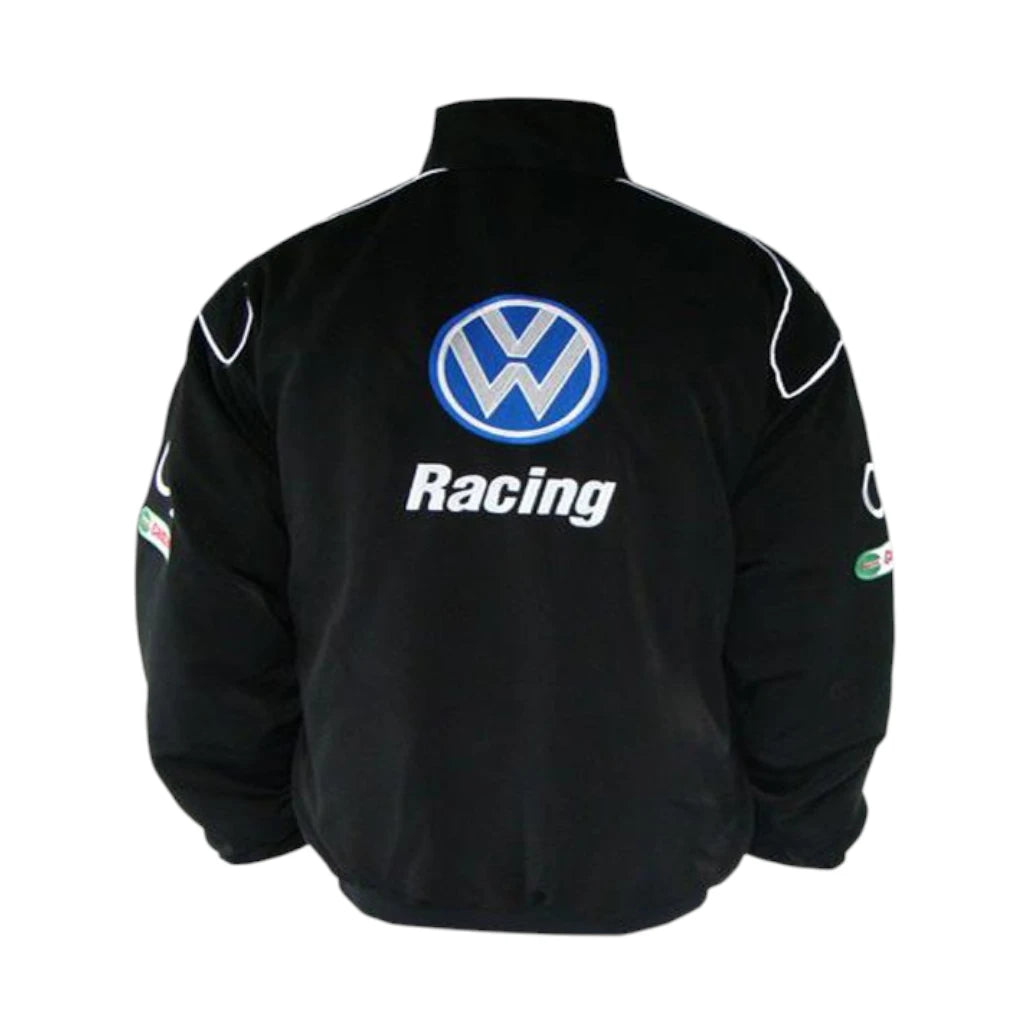 Black racing jacket with Volkswagen logo on a white background