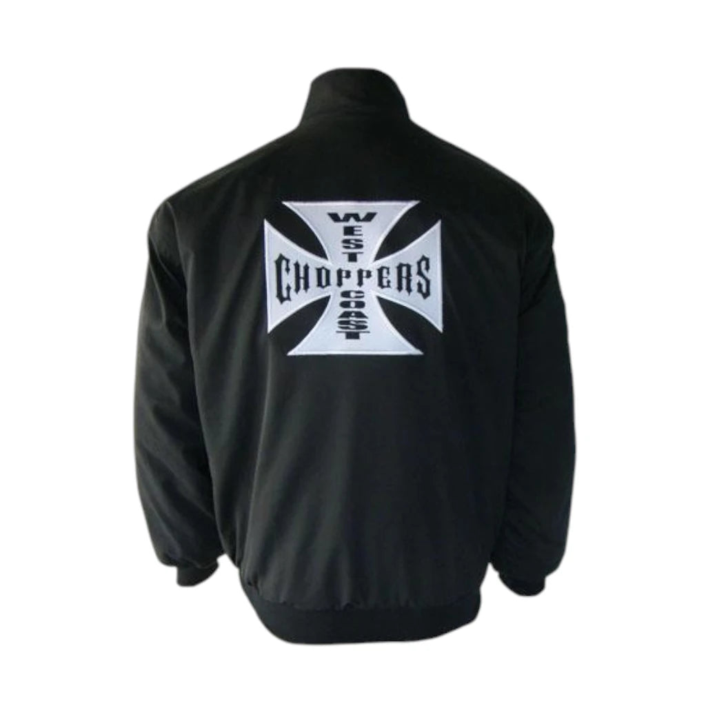 Black jacket with West Coast Choppers logo on the back against a white background
