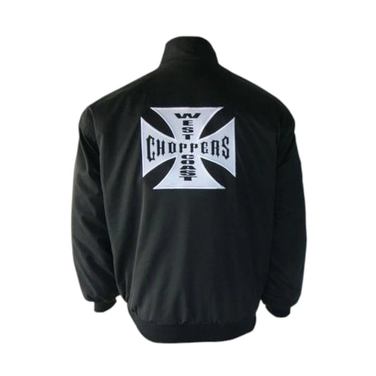Black jacket with West Coast Choppers logo on the back against a white background