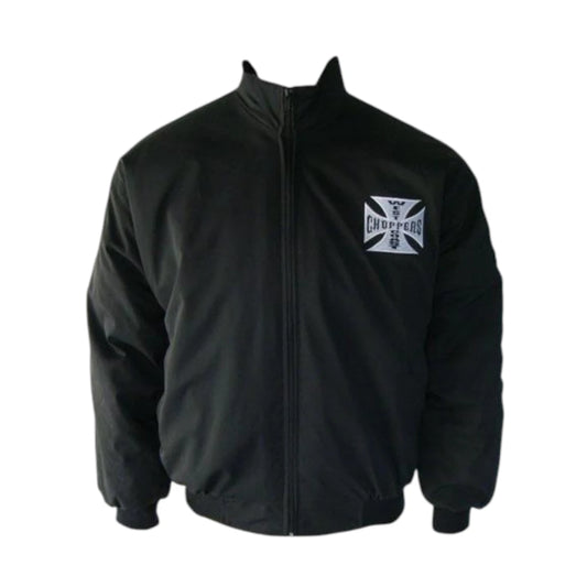 Black and red jacket with various logos on a white background