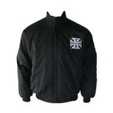 Black and red jacket with various logos on a white background