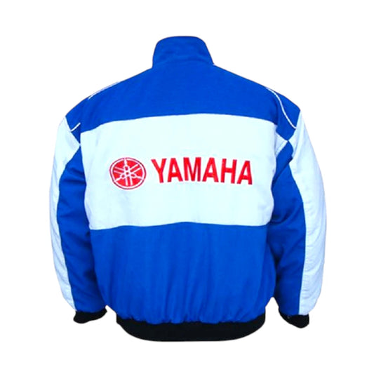 Blue and white jacket with Yamaha logo on a white background