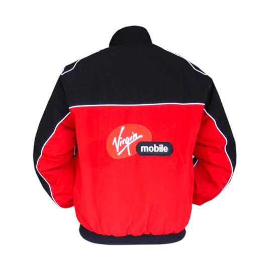 Red and black jacket with Virgin Mobile logo on a white background