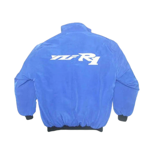 Blue and black jacket with Yamaha and Bridgestone logos on a white background