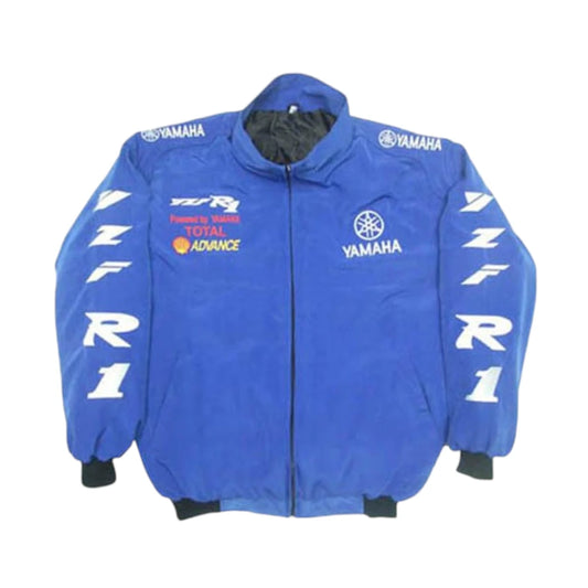 Blue jacket with Yamaha and R1 branding on a white background