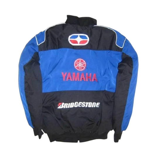 Blue and black jacket with Yamaha and Bridgestone logos on a white background