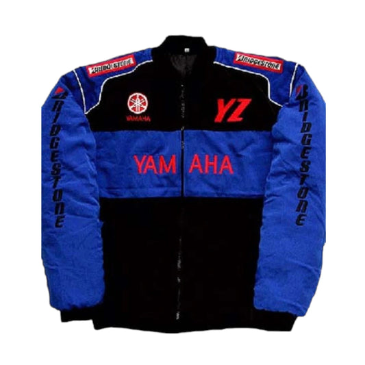 Blue jacket with Yamaha logo and sponsor logos on a white background