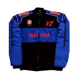 Blue jacket with Yamaha logo and sponsor logos on a white background