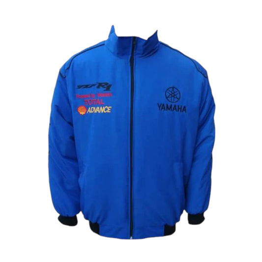 Black jacket with a logo on the chest against a white background