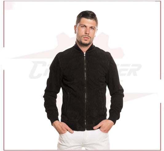 David - Men's Bomber Jacket in Genuine Black Suede Leather CROSSOVER RACEWEARS