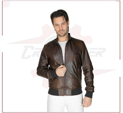Victor - Men's Bomber in Genuine Dark Brown Leather CROSSOVER RACEWEARS