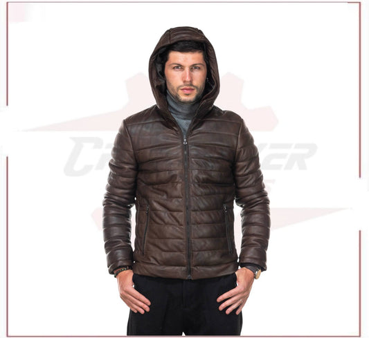 Rio - Men's Down Jacket in Genuine Dark Brown Leather CROSSOVER RACEWEARS
