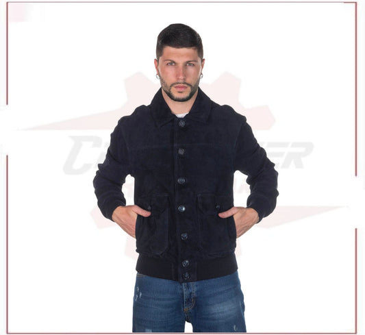U03 - Men's Bomber Jacket in Genuine Blue Suede Leather CROSSOVER RACEWEARS