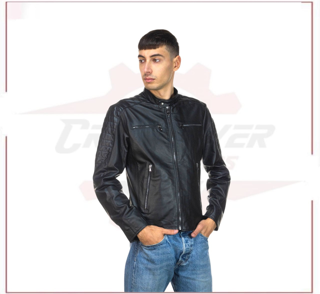 Men's Biker Jacket in Genuine Black Leather CROSSOVER RACEWEARS