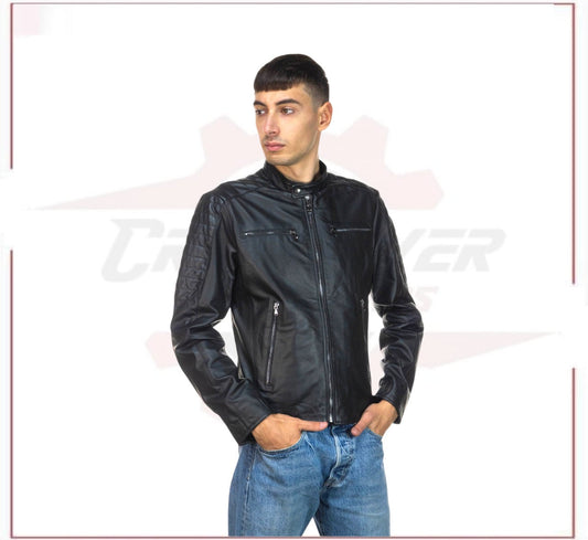Men's Biker Jacket in Genuine Black Leather CROSSOVER RACEWEARS
