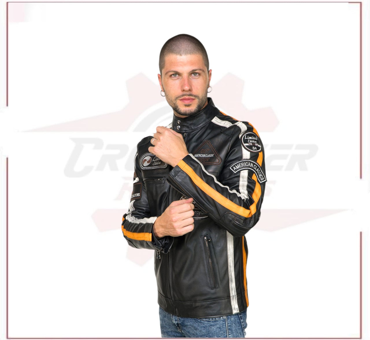 Biker Man's Jacket in genuine Black Leather CROSSOVER RACEWEARS