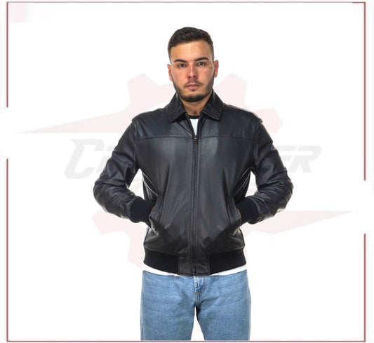 Men's Bomber Jacket in Genuine Black Leather CROSSOVER RACEWEARS