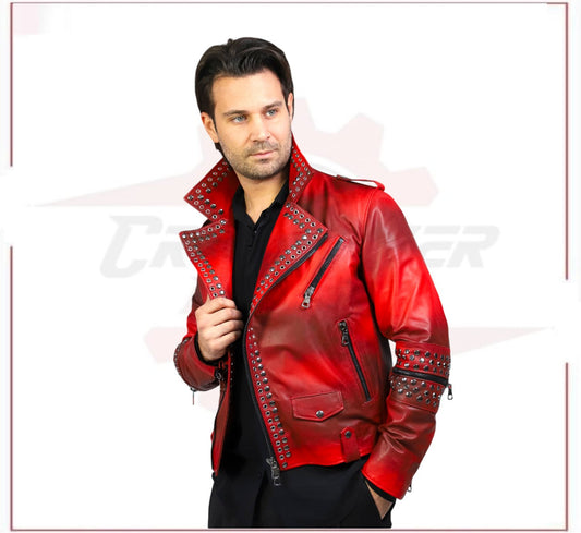 Vasco - Men's Studded Jacket in Genuine Bordeaux Leather CROSSOVER RACEWEARS