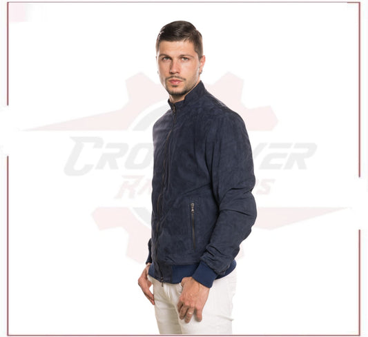 Victor - Men's Bomber Jacket in Genuine Dark Blue Suede Leather CROSSOVER RACEWEARS
