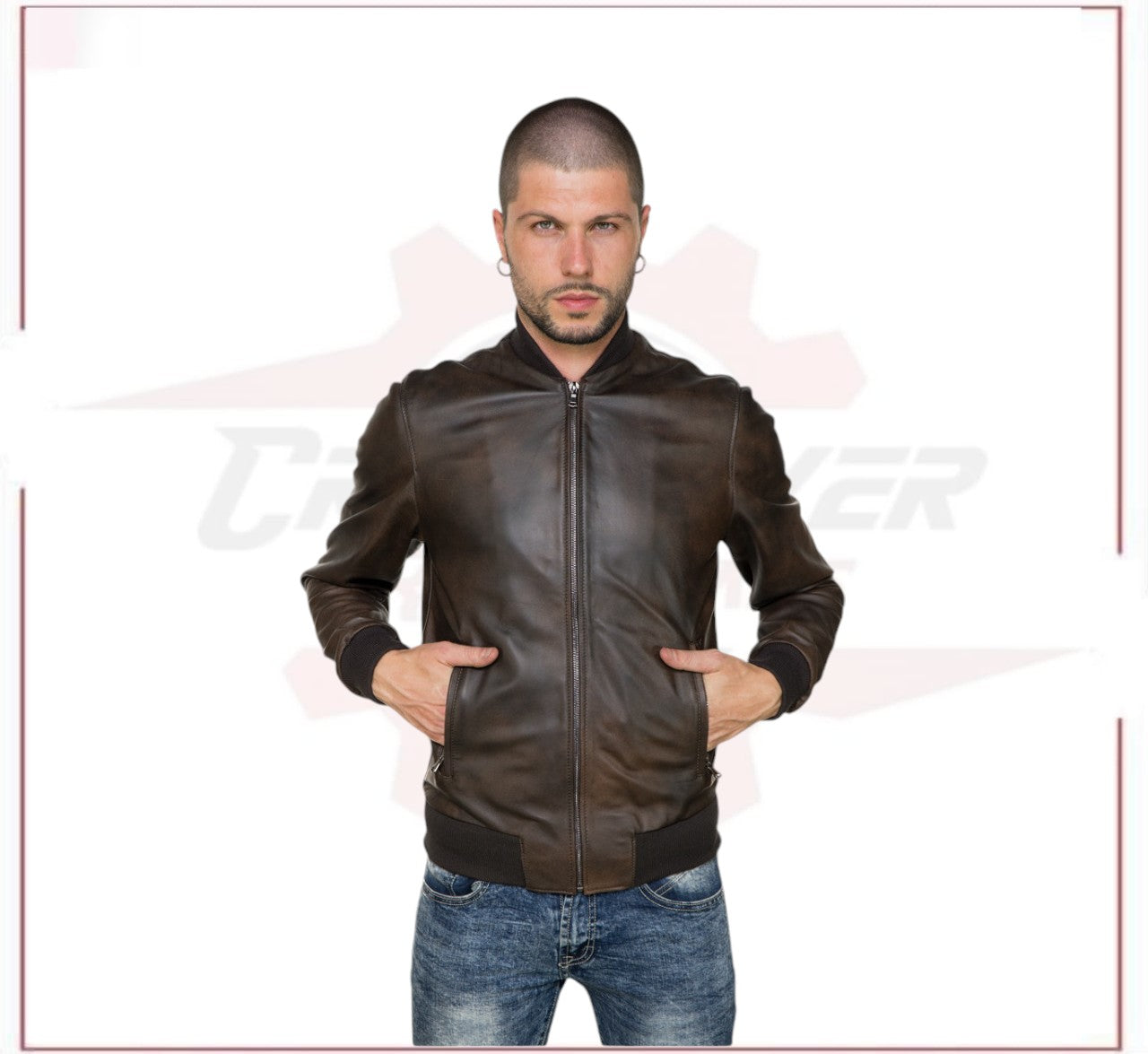 Men's Bomber Jacket in Genuine Dark Brown Leather CROSSOVER RACEWEARS