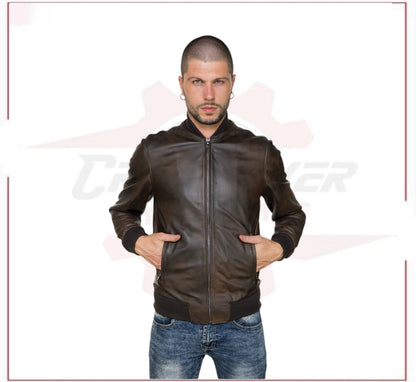 Men's Bomber Jacket in Genuine Dark Brown Leather CROSSOVER RACEWEARS