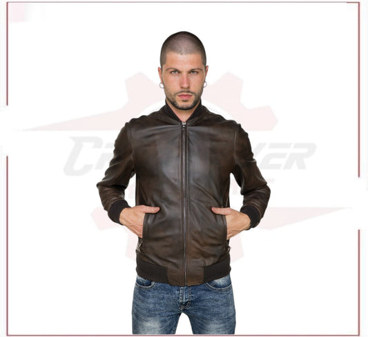 Men's Bomber Jacket in Genuine Dark Brown Leather CROSSOVER RACEWEARS