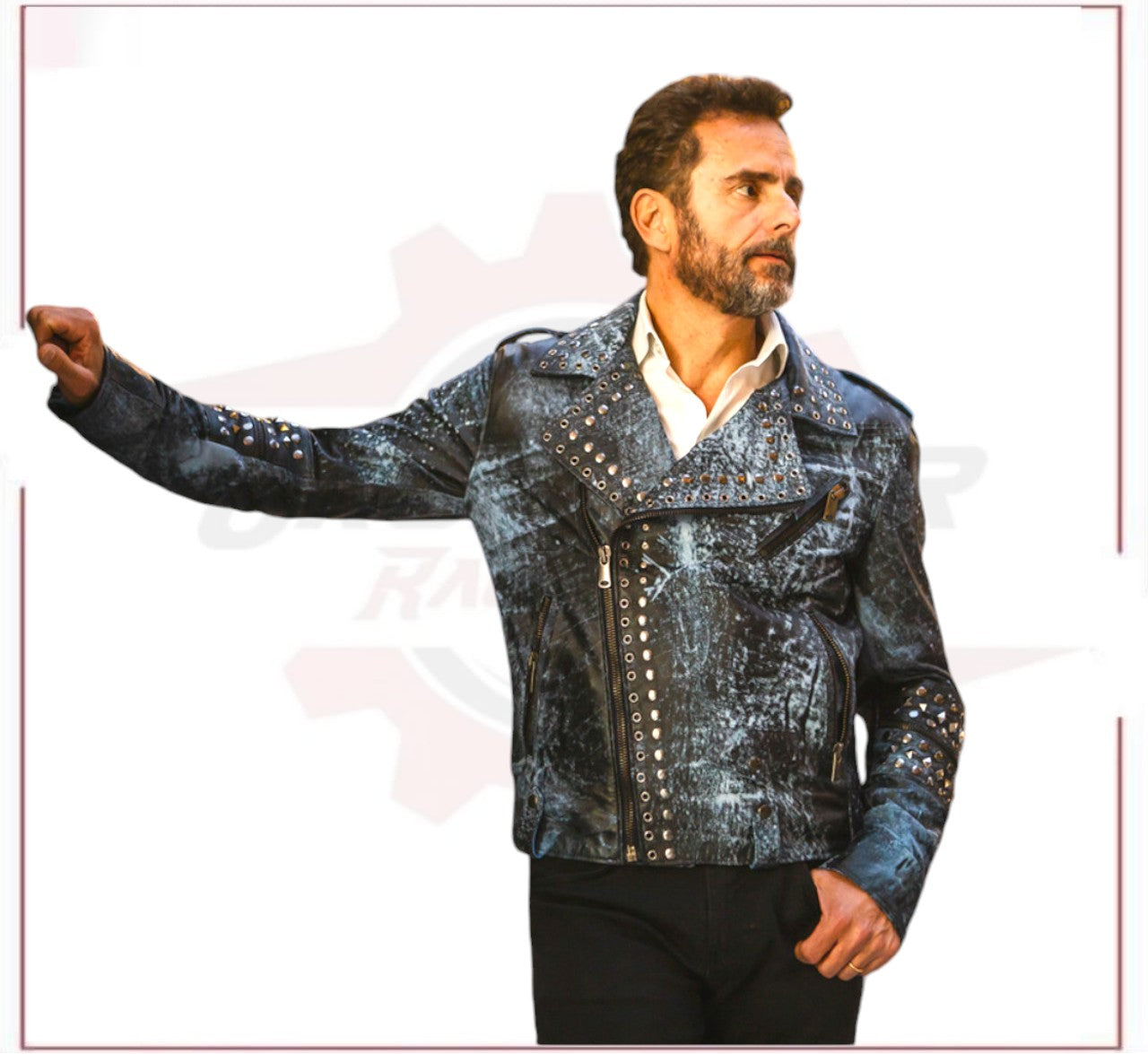 Vasco - Men's Studded Jacket in Genuine Blue Leather CROSSOVER RACEWEARS