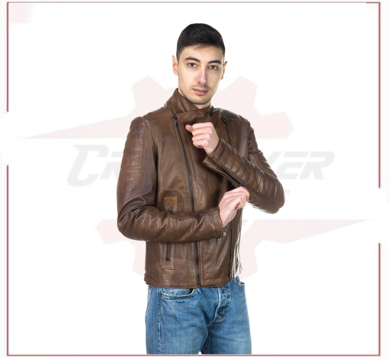 Men's Perfecto Jacket in Genuine Brown Leather CROSSOVER RACEWEARS