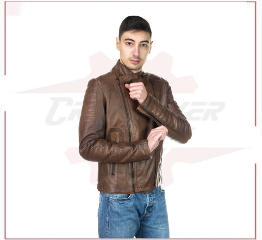 Men's Perfecto Jacket in Genuine Brown Leather CROSSOVER RACEWEARS