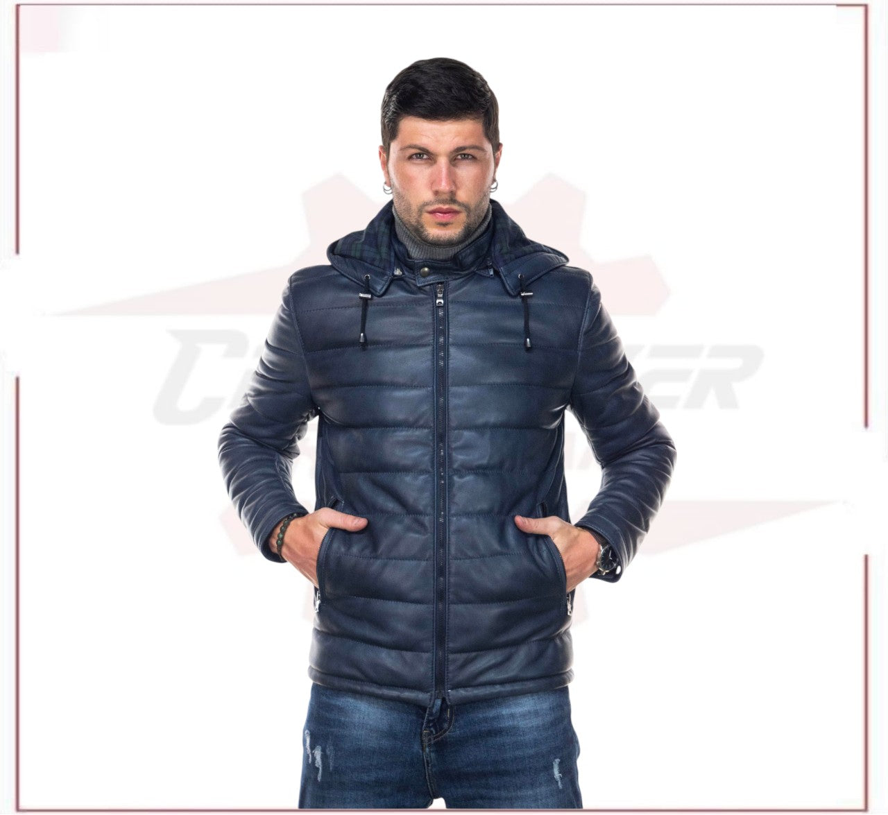 Berlino - Men's Down Jacket in Genuine Blue Leather CROSSOVER RACEWEARS
