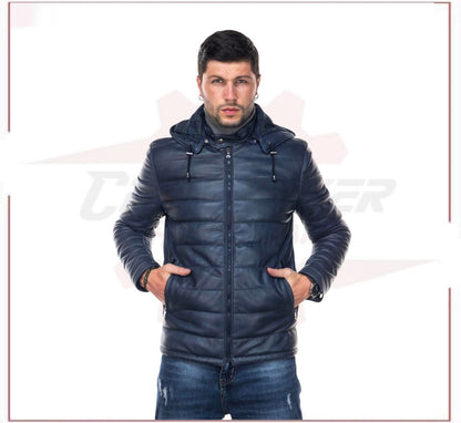 Berlino - Men's Down Jacket in Genuine Blue Leather CROSSOVER RACEWEARS